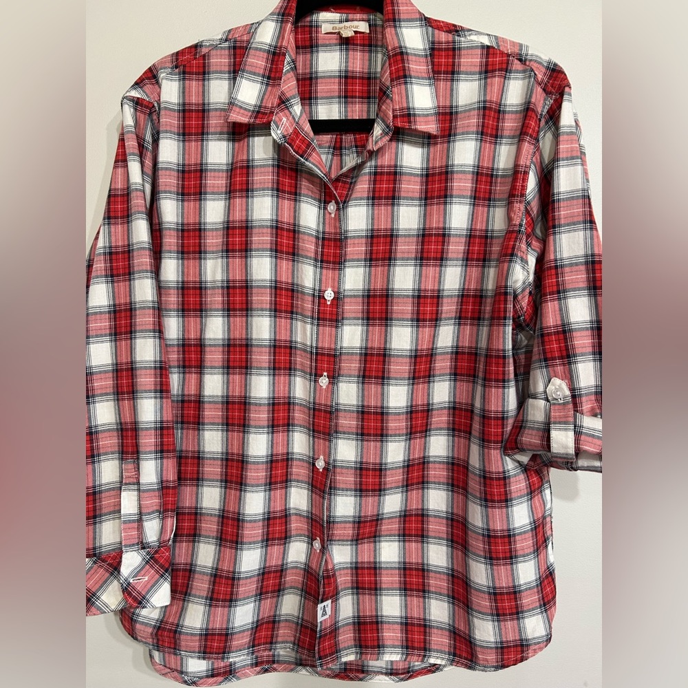 Barbour red, white and black plaid button down shirt. Size 10.